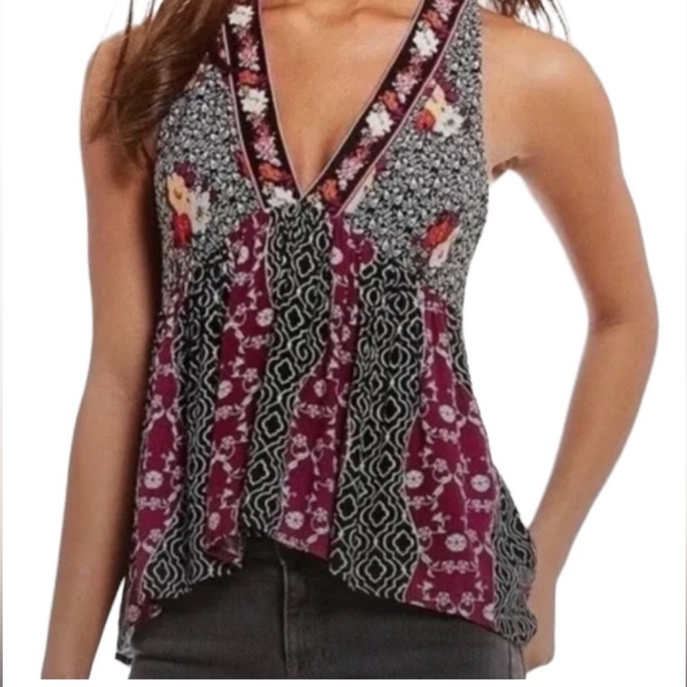Free People dream darlin’ floral print deep v neck boho racerback top black
